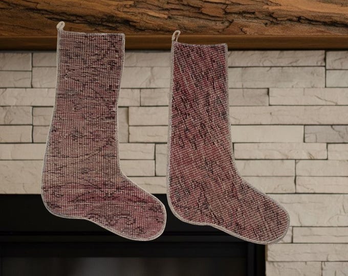 Set of 2 Vintage Turkish Rug Christmas Stockings – Pink Boho Wool Decor