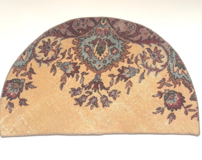 19x33 Inch Vintage Semicircle Rug Turkish Wool Floral Entryway Mat