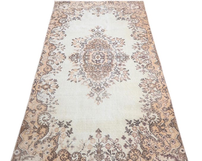 Vintage Turkish Isparta Rug, Handwoven Wool Medallion, Distressed Cream Beige Brown, 3.8x6.7 ft