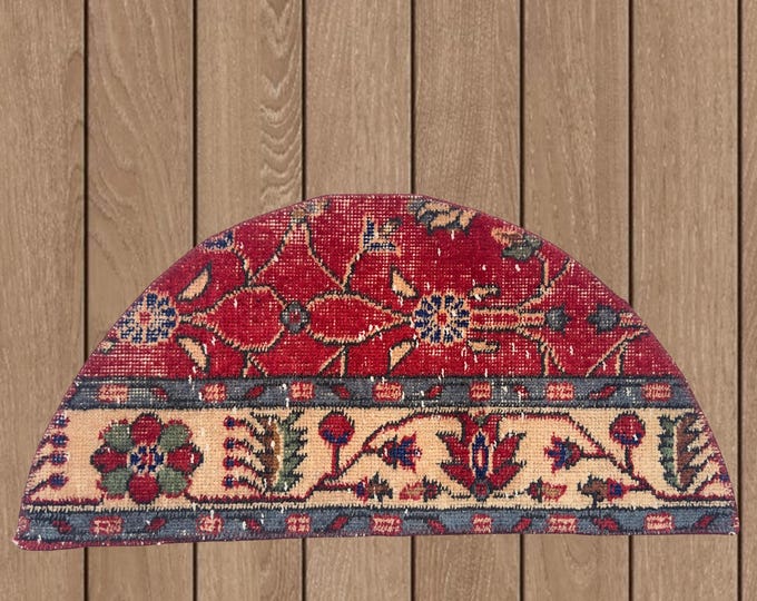 Vintage Hand-Knotted Wool Semicircle Rug, Distressed Red Cream Floral Half Moon Doormat, 1.2x2.5 ft