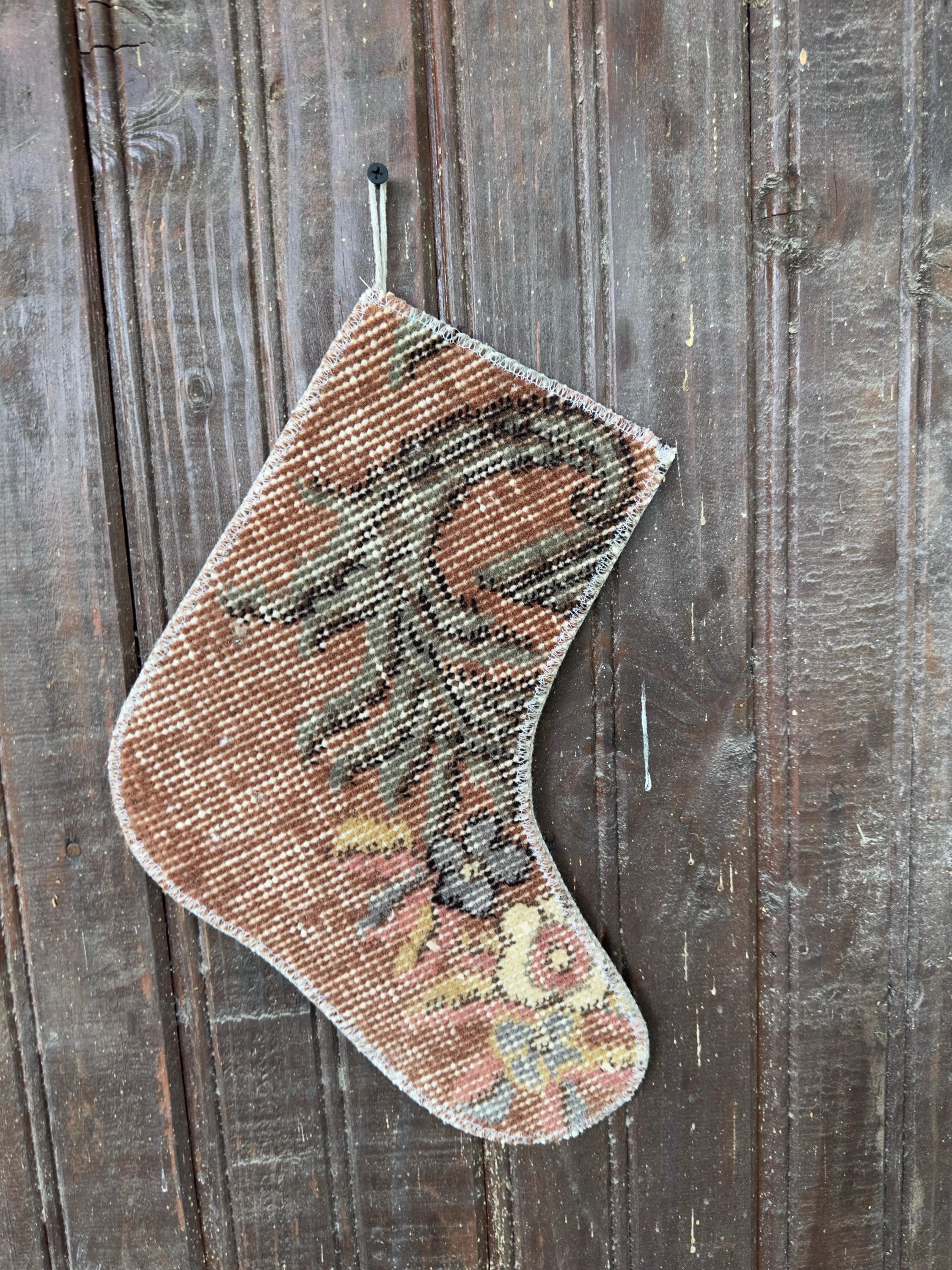 Christmas Stocking, Vintage Turkish Rug, Floral Terracotta Olive Cream, 11 in in cream, terracotta, left-side pattern detail