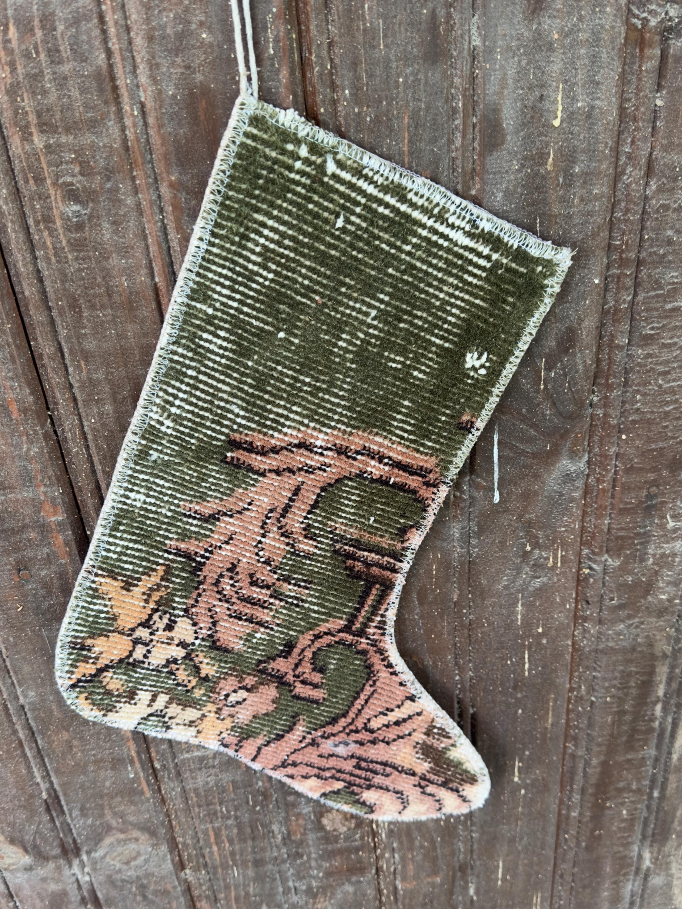 Vintage Turkish Rug Christmas Stocking, Earthy Olive Green Scroll, Dusty Rose Apricot, 12.6x14.6 in – view 5