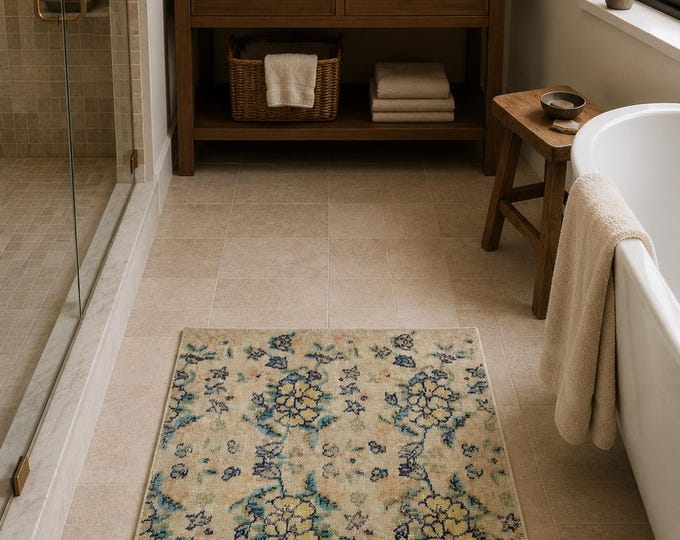 Vintage Turkish Isparta Rug, Handwoven Wool Allover Floral Vine, Distressed Ivory Navy Mint, 3x2.7 ft