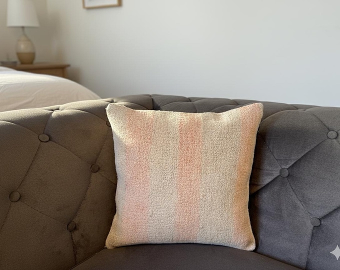 Soft Pink Beige Hemp Pillow Cover 16x16 | Rustic Striped Cushion | USA Stock
