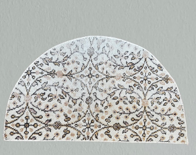 Vintage Turkish Wool Semicircle Rug: Handmade Doormat (2x4 ft)