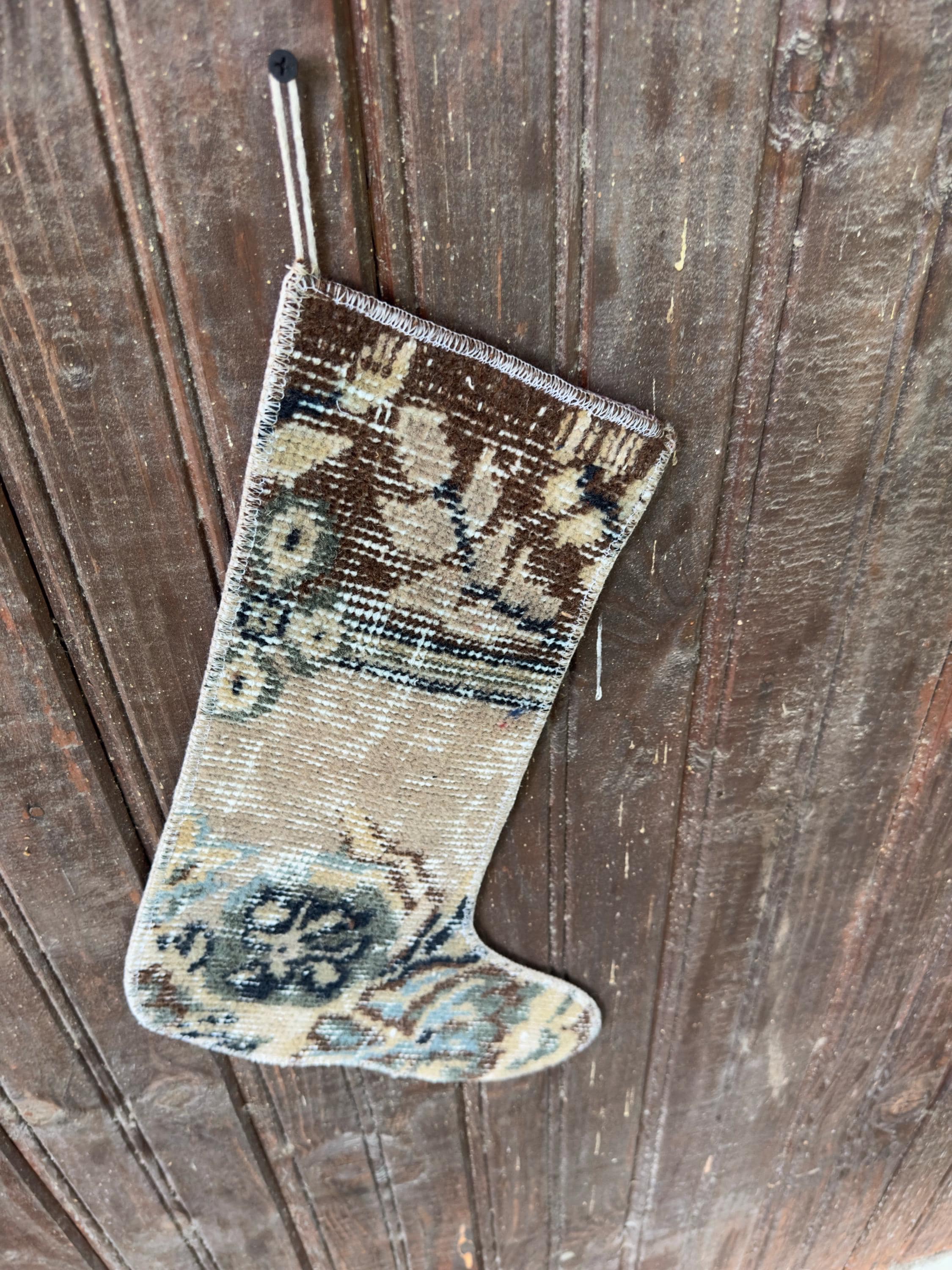 Christmas Stocking, Vintage Turkish Rug, Faded Beige Brown Navy Blue, 17 in in beige, brown, blue, navy, reverse and knot structure