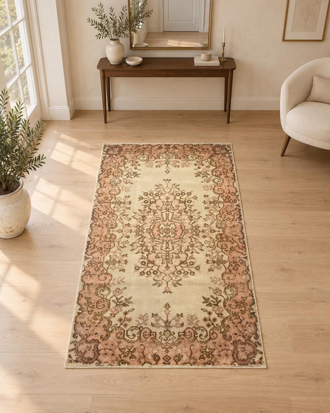 Vintage Turkish Area Rug, 4x7 ft, Ivory Dusty Rose Floral Medallion