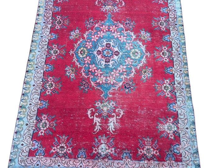 Vintage Turkish Isparta, Hand Knotted Wool, Red Medallion Floral, Oushak Style, Bohemian Home Decor, 4x5 Anatolian