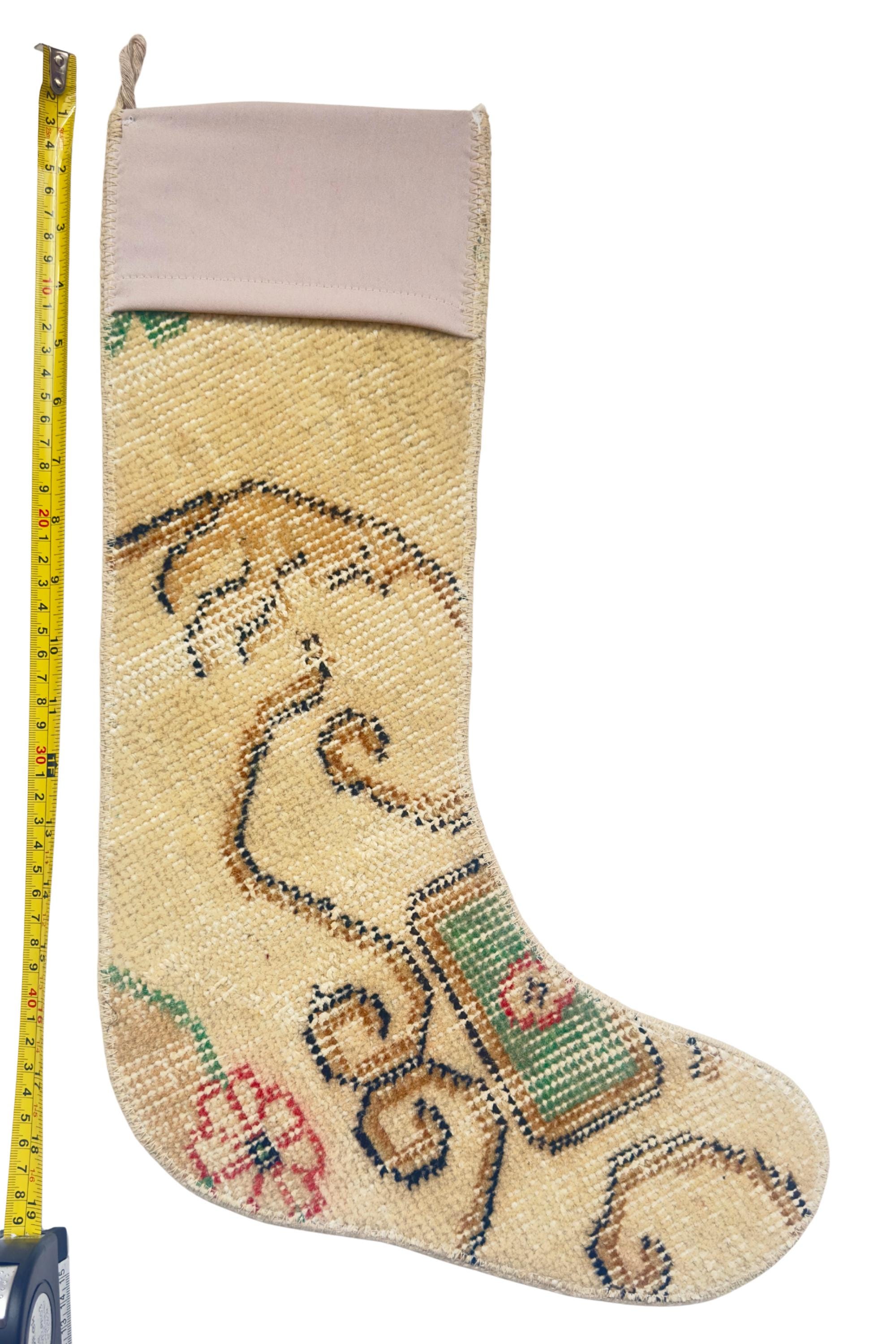 Turkish Rug Christmas Stocking, Handmade Vintage Anatolian Wool, Cream Blush Pink, Boho Fireplace Decor – view 6