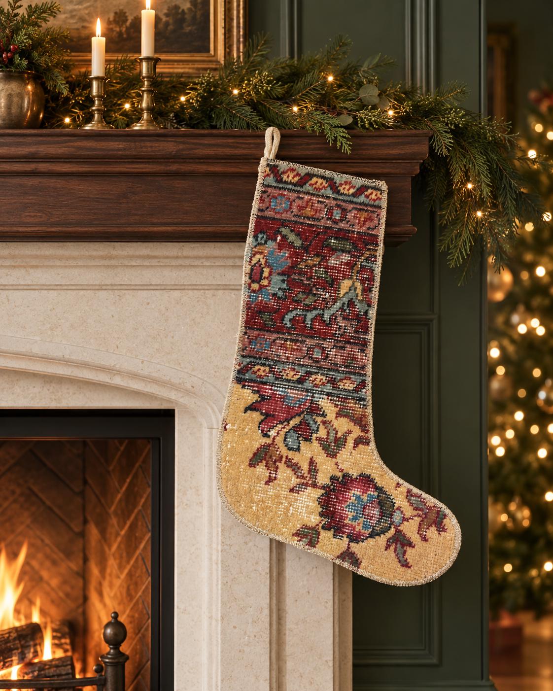 Vintage Hand Knotted Turkish Wool Rug Christmas Stocking, Ivory Floral, 17.7 x 12.2 in – view 3