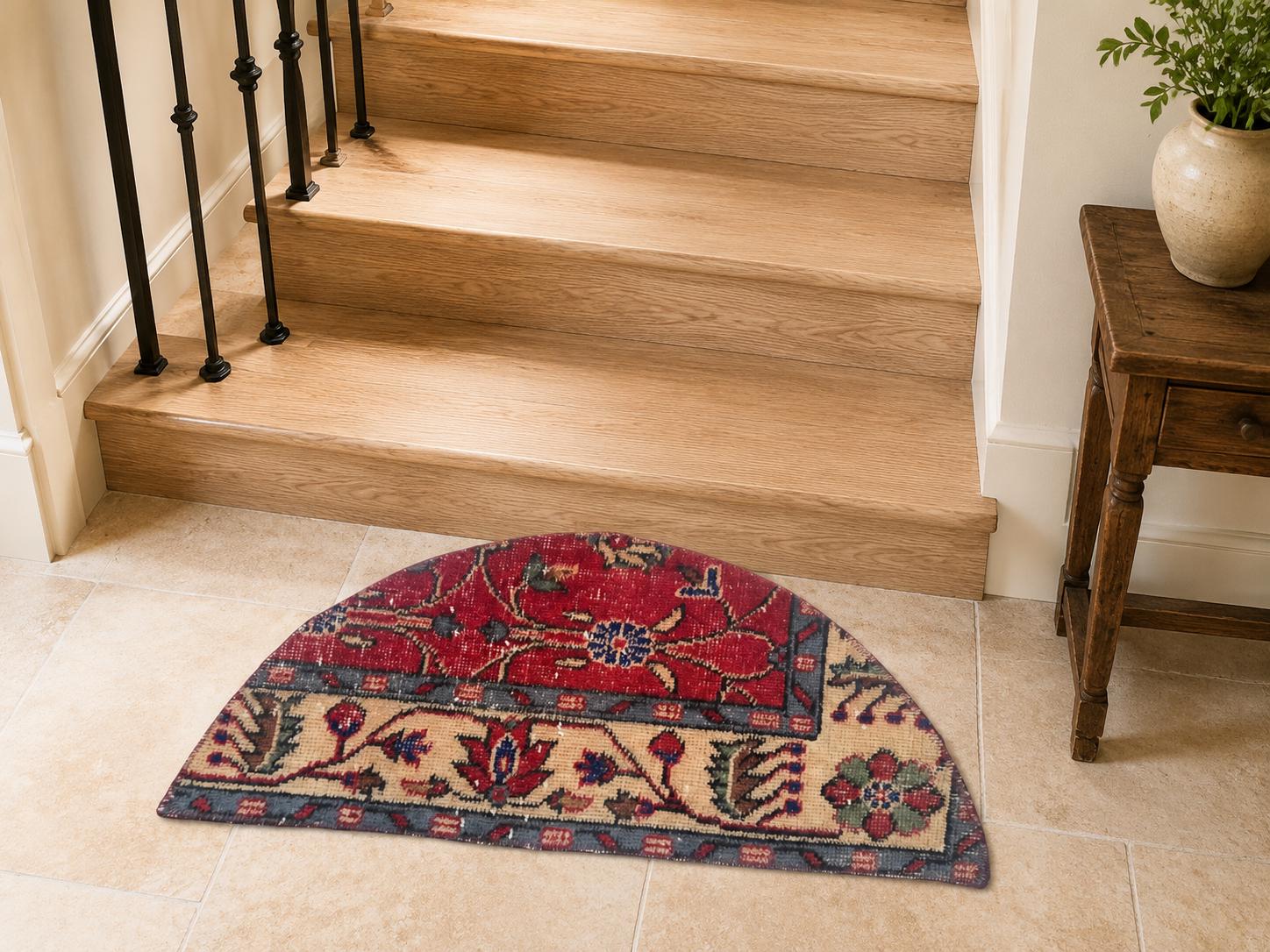 Vintage Turkish Semicircle Rug, Handwoven Wool Floral Medallion, Crimson Red Navy Ivory, 1.2x2.5 ft