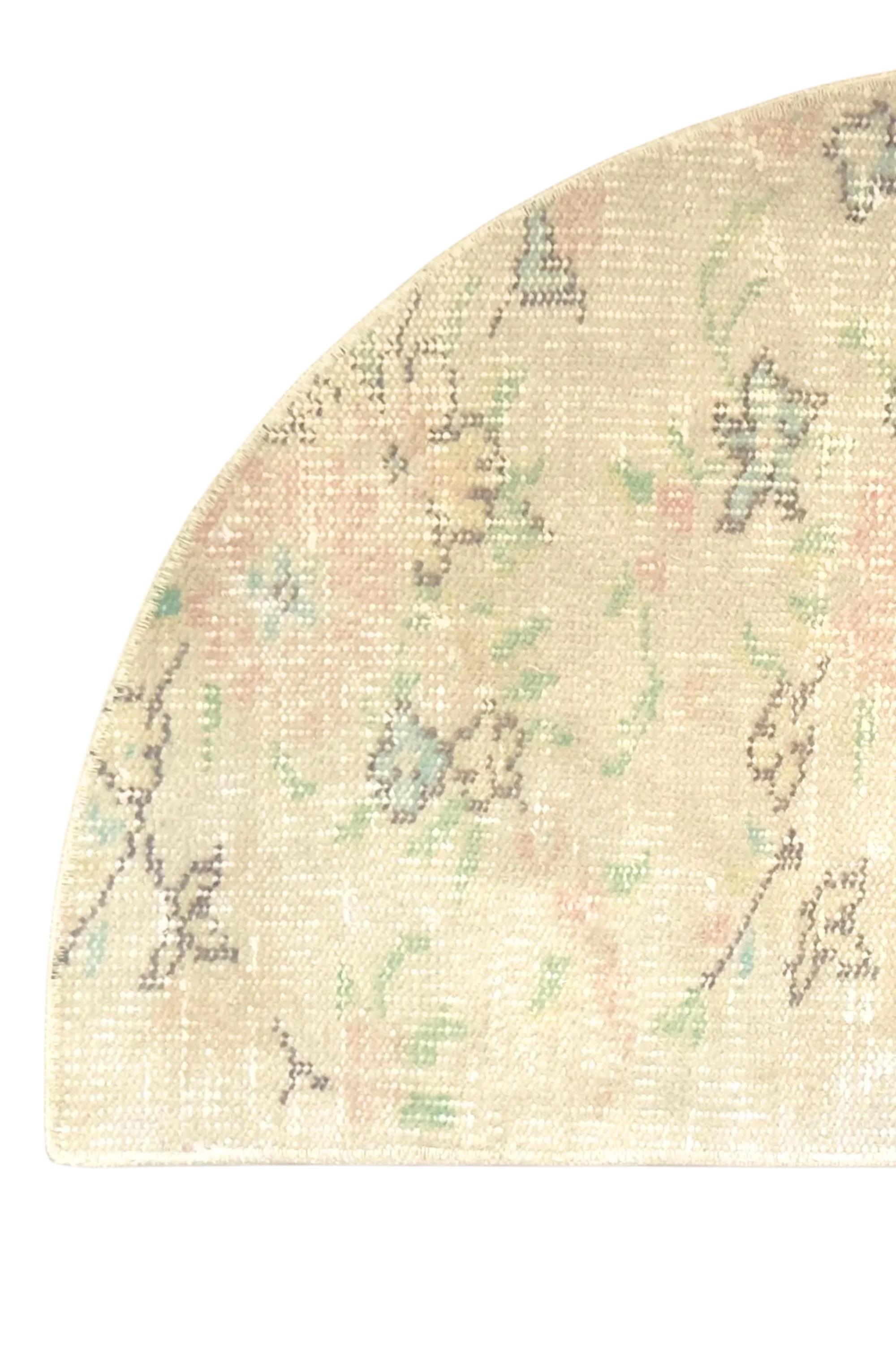 Vintage Turkish Semicircle Rug, Handwoven Wool Floral, Ivory Blush Pink Sage Green, 1.6x2.77 ft – view 6