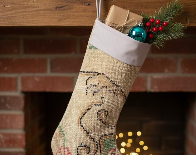 Vintage Rug Christmas Stocking – Upcycled Carpet – Cream Pink Boho Holiday Decor
