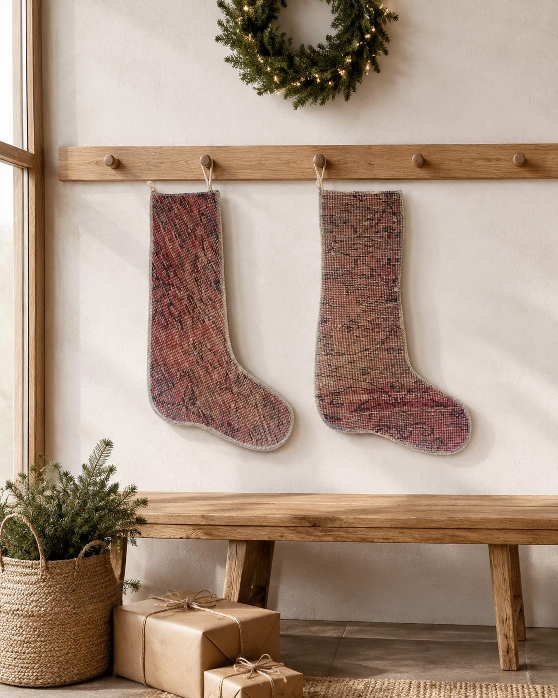 Turkish Rug Christmas Stocking Set of 2, Handmade Vintage Anatolian Wool, Boho Fireplace Decor,