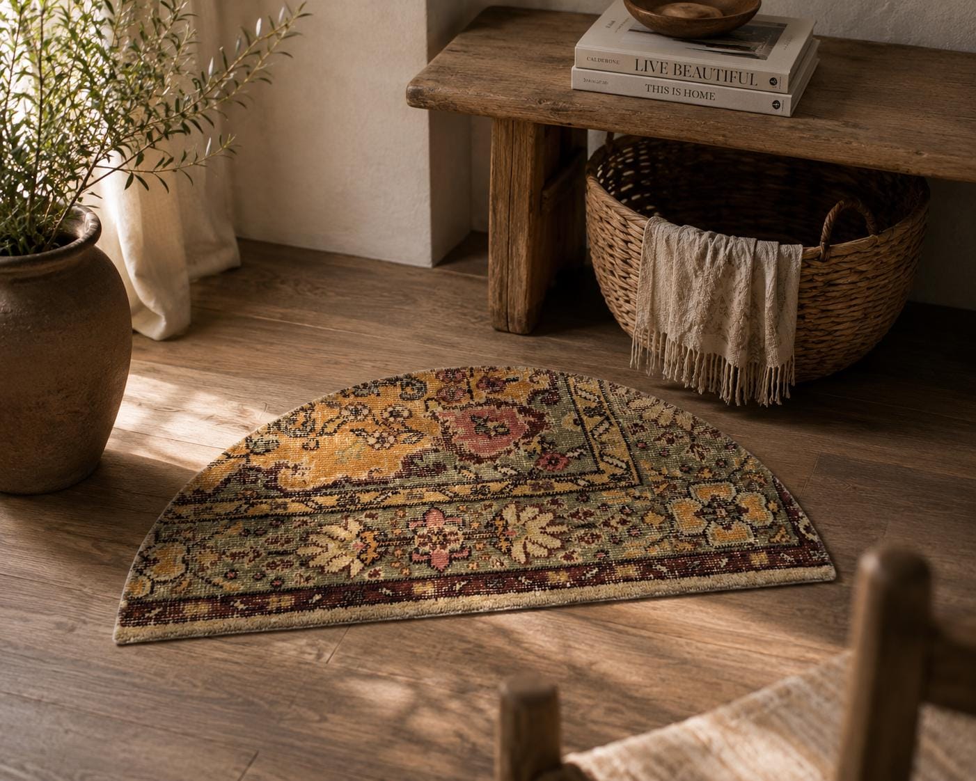 Vintage Turkish Semicircle Rug, Handwoven Wool, Amber Gold Sage Green Pink Rose, 1.5x2.5 ft – view 2