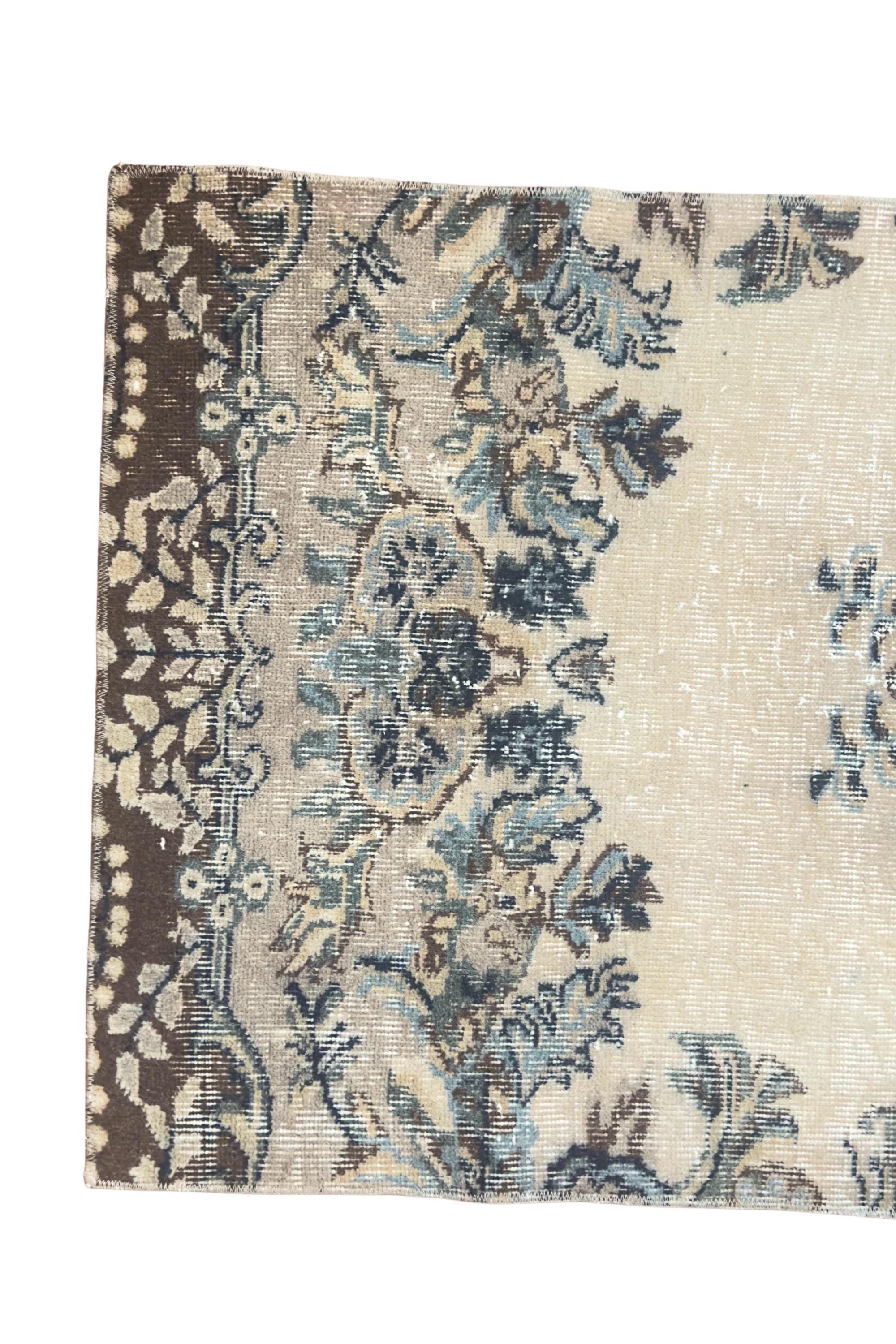 Vintage Turkish Runner Rug, Hand-Knotted Wool Floral Medallion, Faded Slate Blue Ivory, 2.8x9 ft – view 10