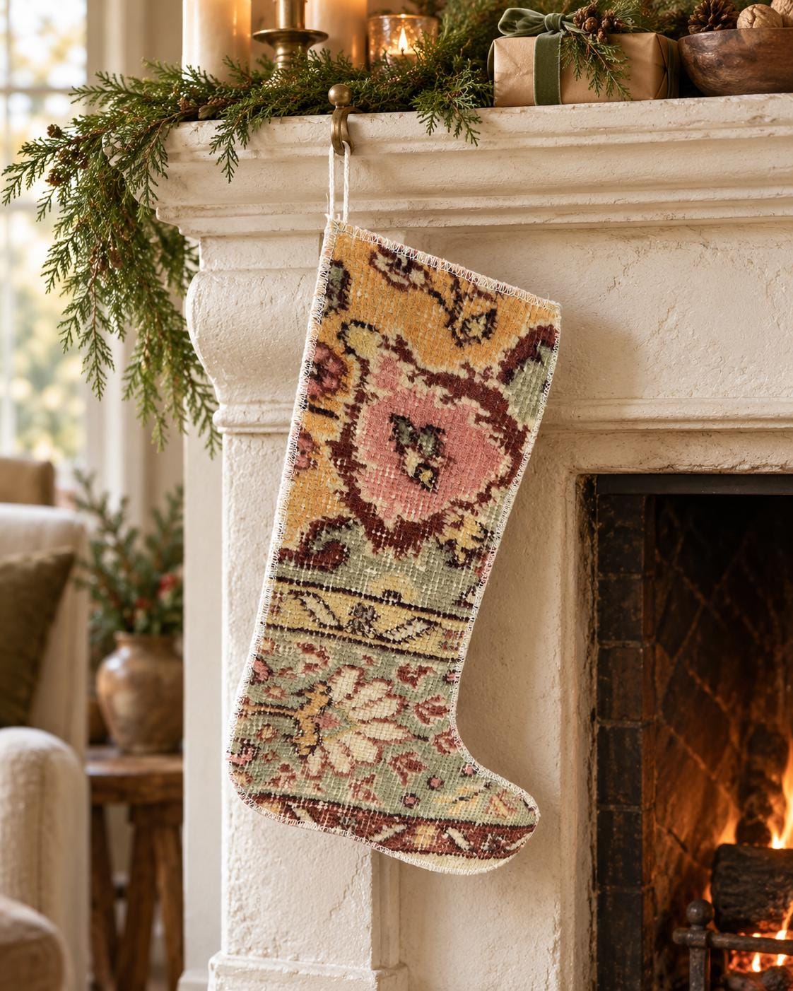 Vintage Turkish Rug Christmas Stocking, Handmade Boho Gold Sage Decor, 11.8x18.1 in
