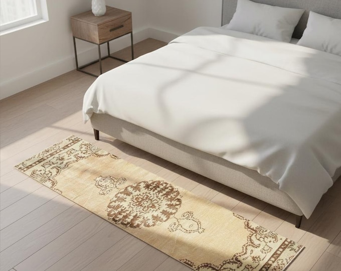 Vintage Turkish Runner Rug 2.1x7.4 ft, Beige Wool Hallway Runner, Handwoven Anatolian Rug