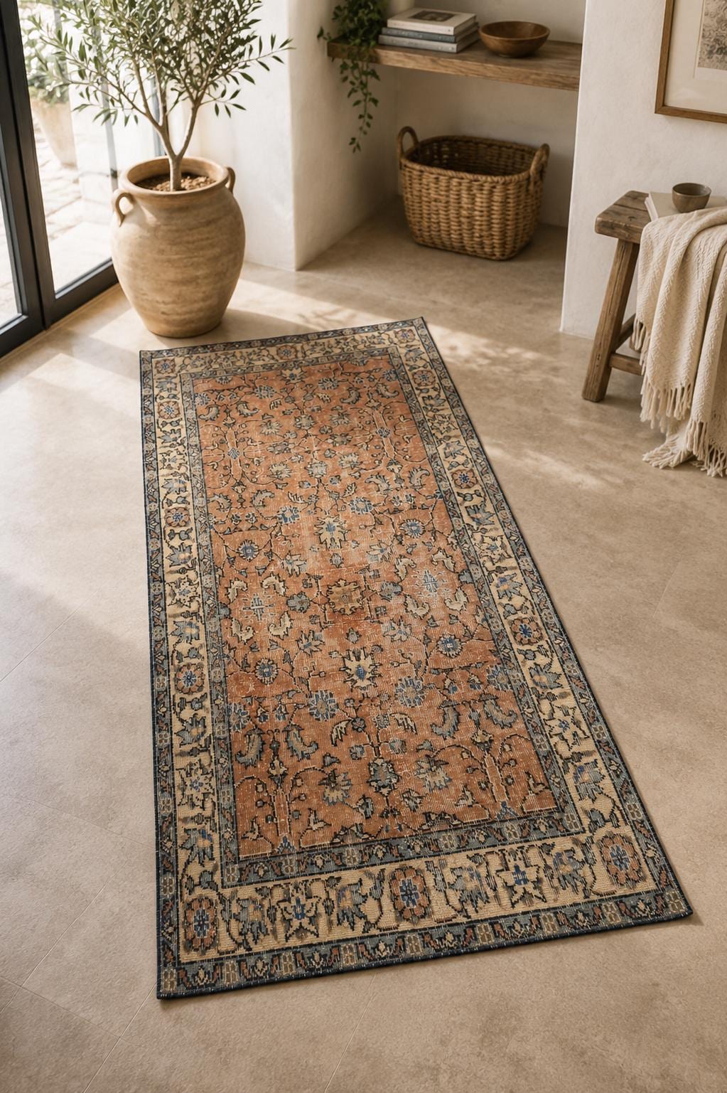 Vintage Turkish Isparta Rug, Handwoven Wool Floral, Terracotta Navy, 3.7x6.6 ft