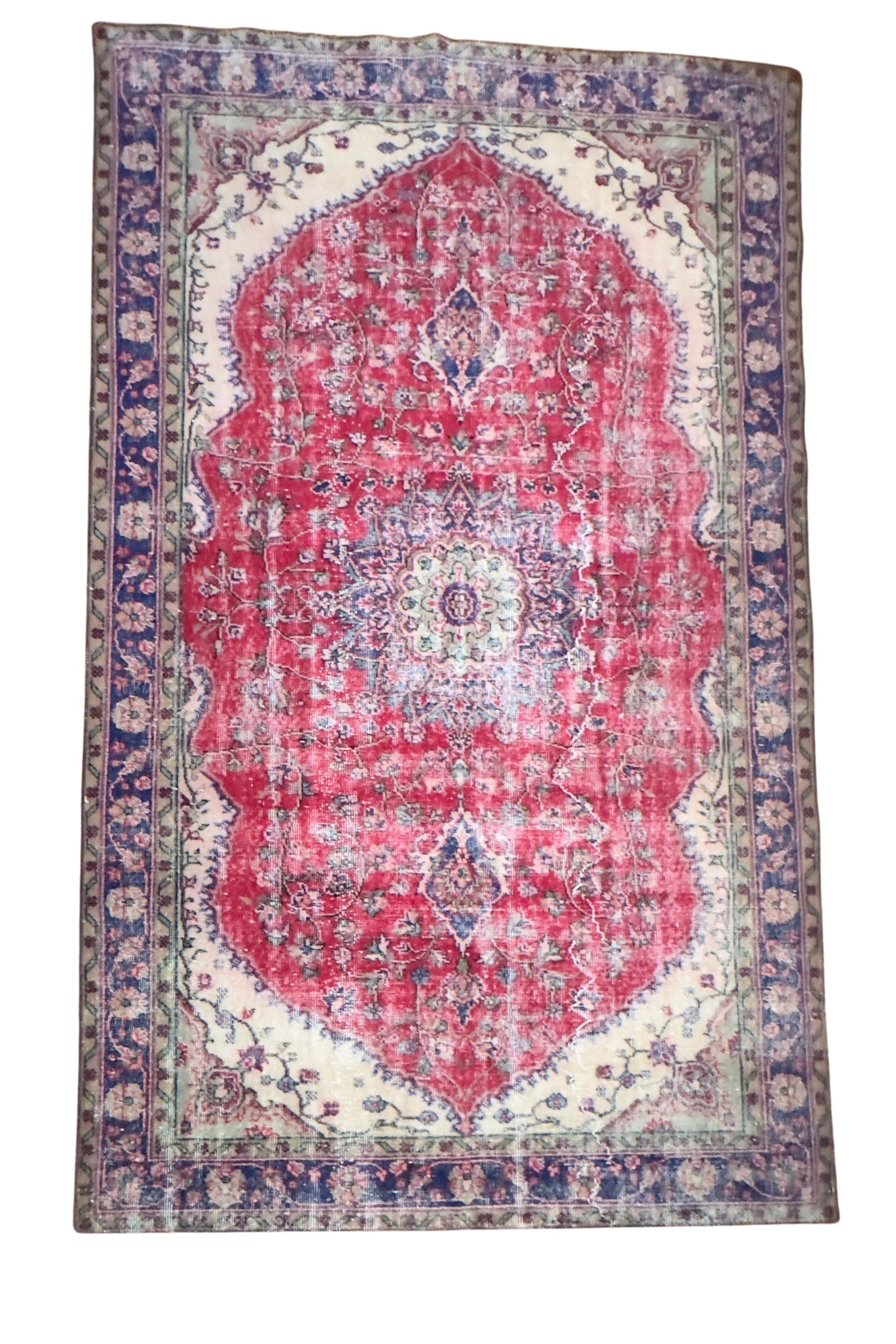 Vintage Turkish Area Rug, Hand-Knotted Wool Medallion, Faded Crimson Red Navy, 6x9 ft – view 11