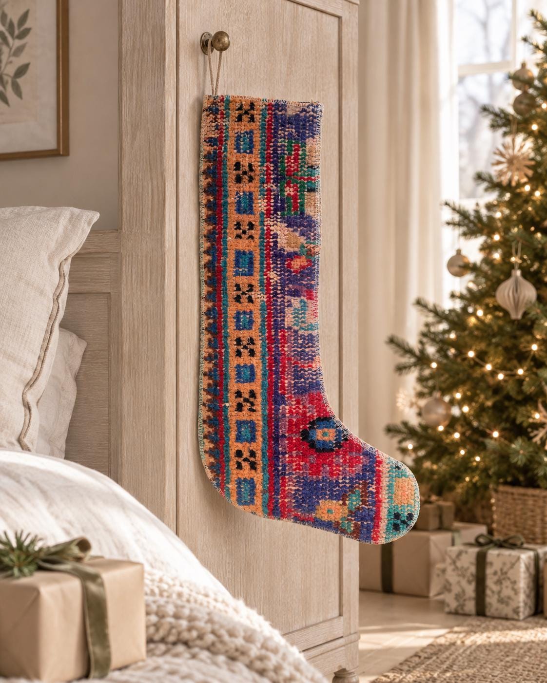 Christmas Stocking, Vintage Turkish Rug, Boho Tribal Blue Red Geometric Design, 18.5 in