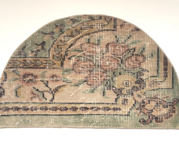 Vintage Turkish Semicircle Rug 20x33 Inch Handwoven Wool Entryway Rug