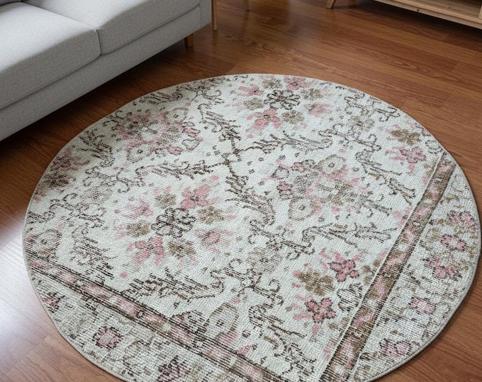 Vintage Turkish Round Rug 40" • Cream Beige Floral Wool Carpet • Handwoven Isparta Circular Rug