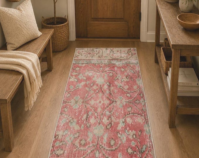 Vintage Turkish Isparta Rug, Handwoven Wool Allover Medallion, Distressed Red Mint, 1.5x3.7 ft