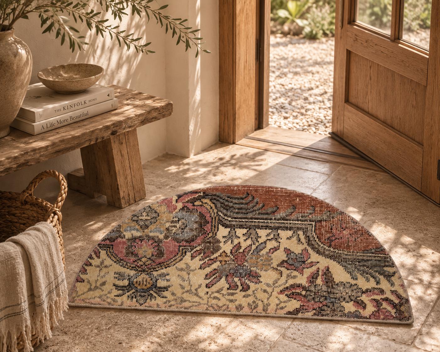 Vintage Turkish Semicircle Rug, Handwoven Wool Medallion, Dusty Rose Ivory Caramel, 1.4x2.5 ft