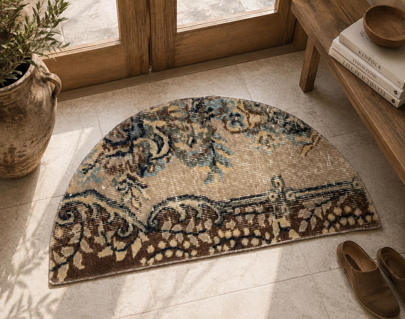 Vintage Turkish Semicircle Rug, Hand-Knotted Wool Antique Scroll Vine, Taupe Brown, 1.5x2.5 ft