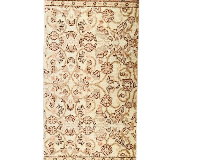 Vintage Turkish Small Rug 21x43 Inches Beige Floral Oushak Style Hand Knotted Wool Area Rug for Bedroom or Nursery