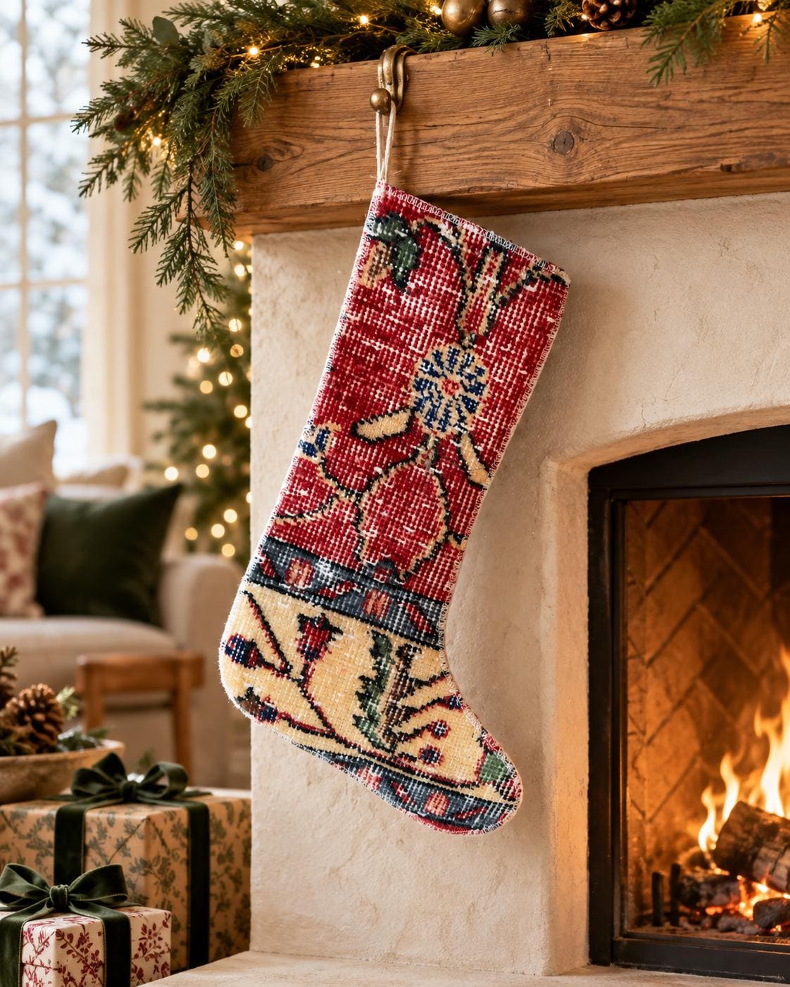 Vintage Turkish Rug Christmas Stocking, Festive Red Navy Floral, Cream Apricot Olive, 11.8x17.3 in