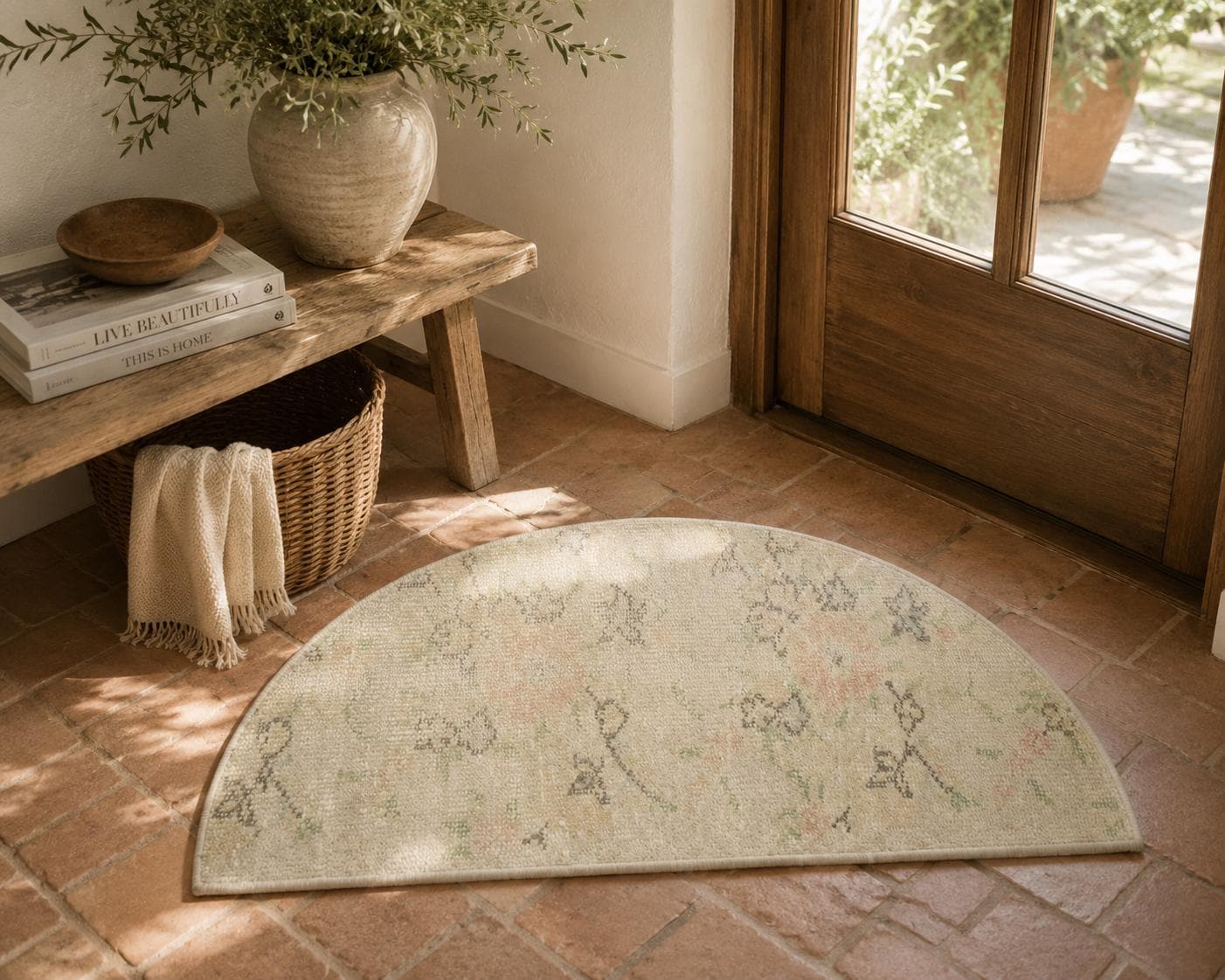 Vintage Turkish Semicircle Rug, Handwoven Wool, Ivory Blush Pink Sage Faded, 1.6x2.77 ft