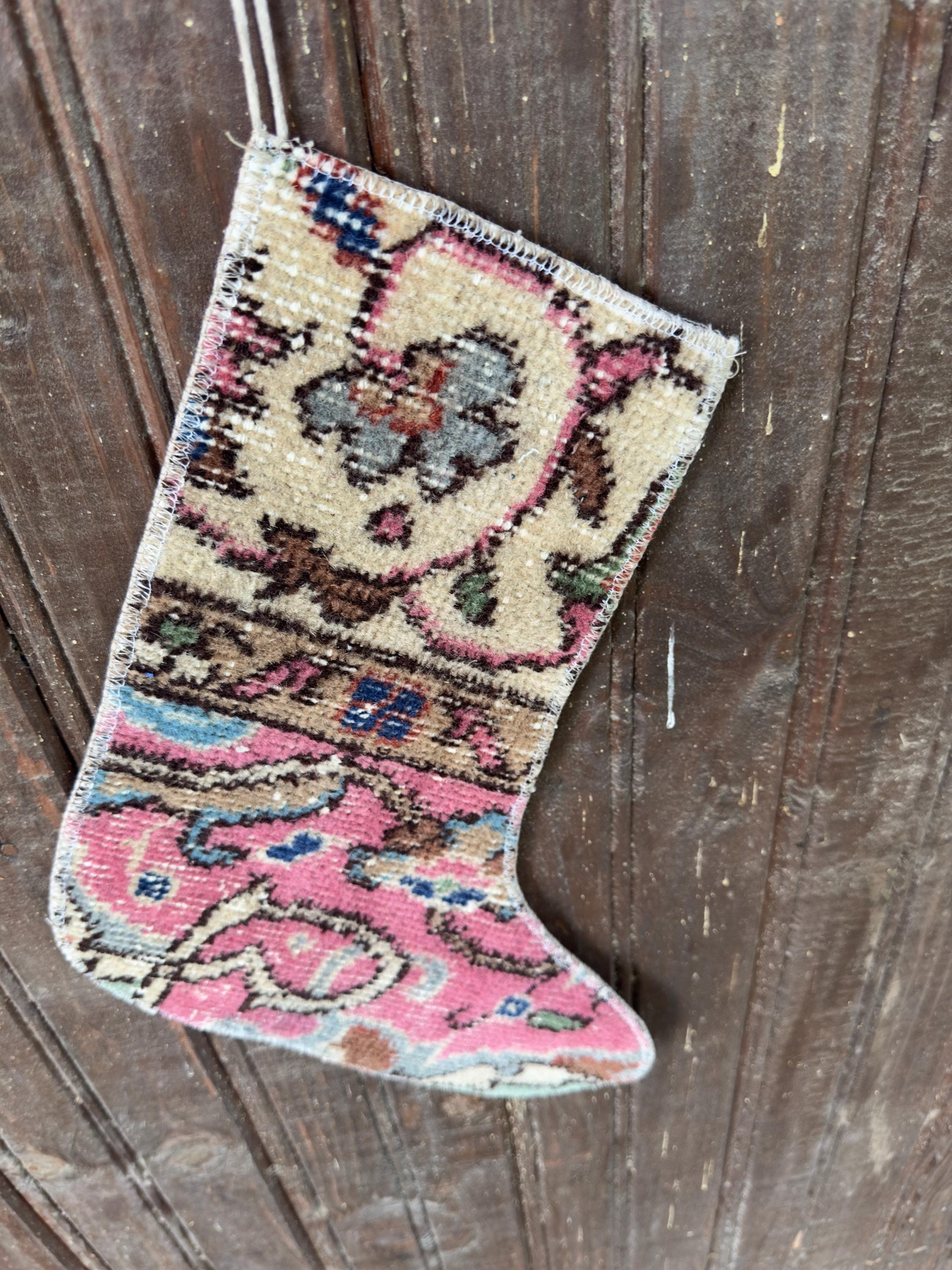 Vintage Turkish Rug Christmas Stocking, Rose Pink Floral Medallion, Cream Taupe Blue, 12.2x14.6 in – view 6