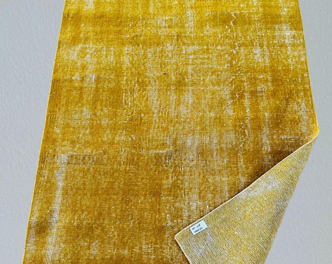 Vintage Golden Yellow Wool Rug: 4x7 ft Handmade Turkish Area Rug