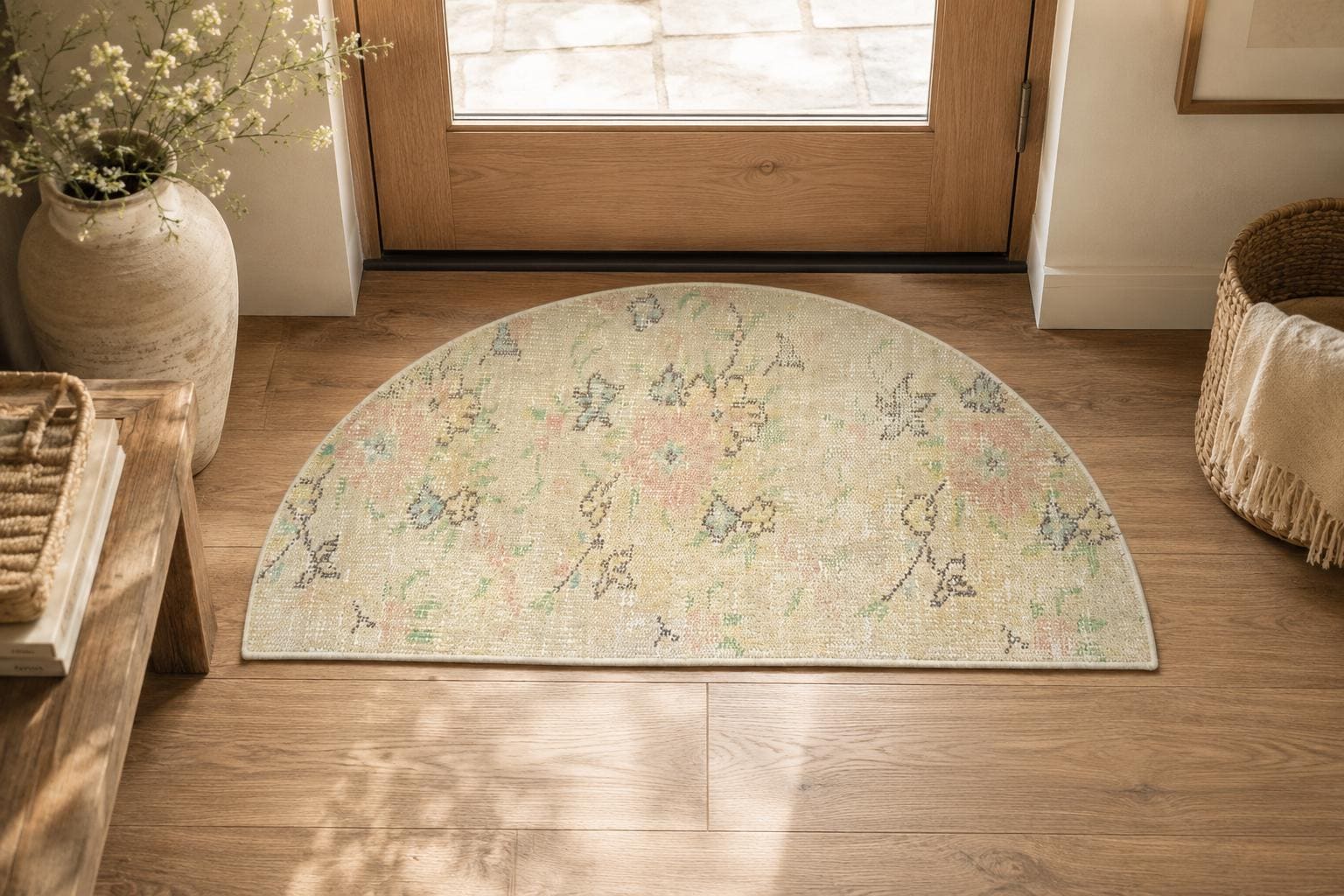 Vintage Turkish Semicircle Rug, Handwoven Wool Floral, Ivory Blush Pink Sage Green, 1.6x2.77 ft