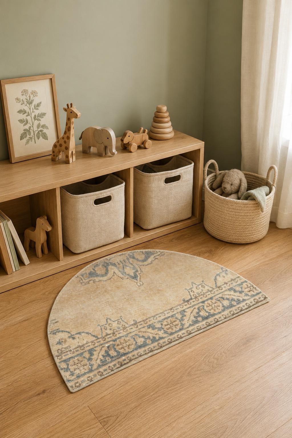 Vintage Turkish Semicircle Rug, Hand-Knotted Wool Faded Neutral Medallion, Beige Tan, 1.6x2.8 ft