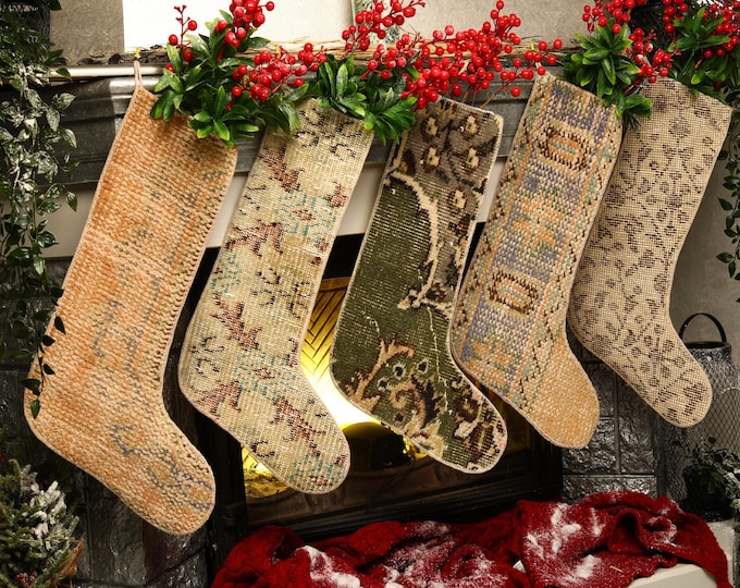 Handmade Vintage Kilim Rug Christmas Stocking: Rustic Holiday Decor