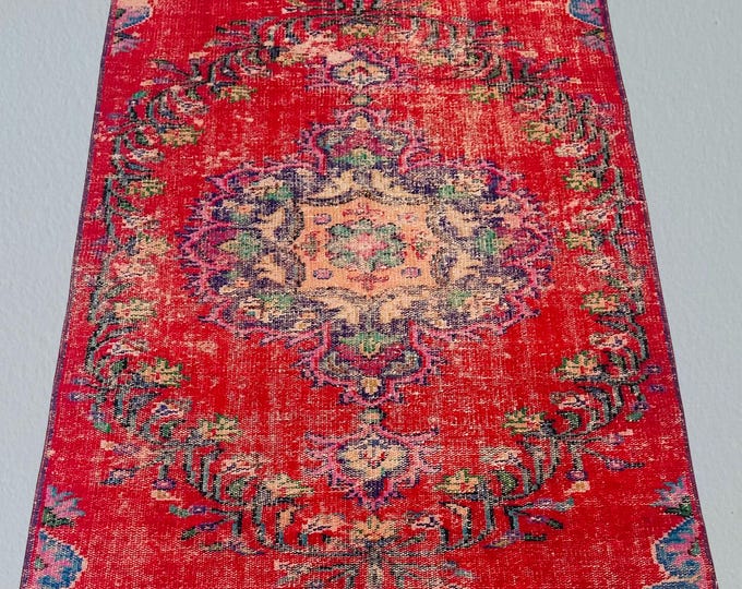 Vintage Turkish Isparta, Hand Knotted Wool, Red Medallion Floral, Distressed Bohemian, Demirci Manisa, 4x6 Anatolian