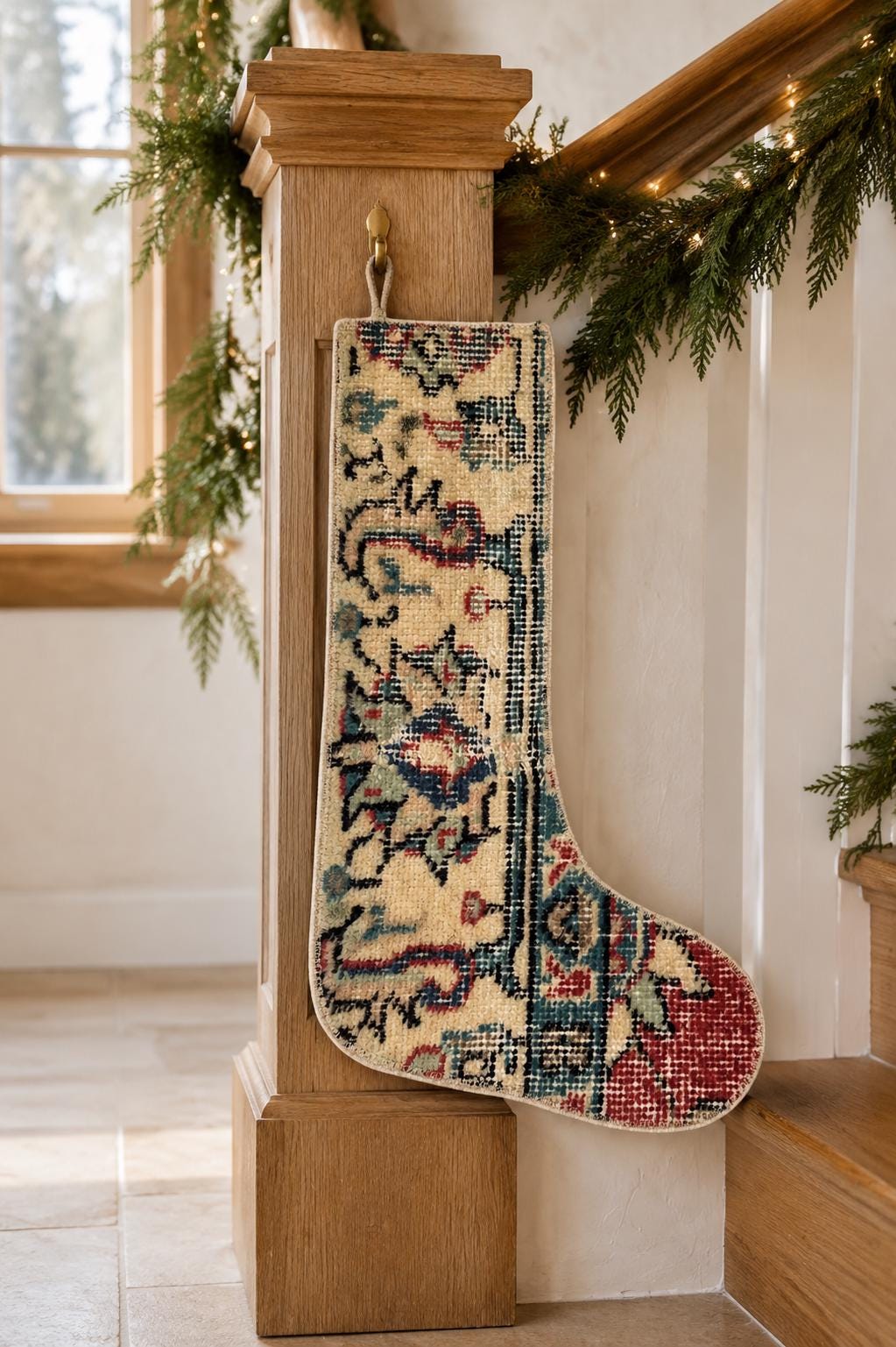 Turkish Rug Christmas Stocking, Handmade Vintage Anatolian Wool, Boho Fireplace Decor, Burgundy, Rustic Gift