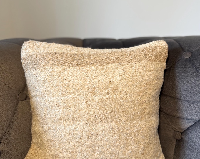 Recycled Grain Sack Pillow Cover 16x16 Natural Jute Kendir Cushion Handmade Beige Boho Throw Pillow Hidden Zipper 40x40 cm