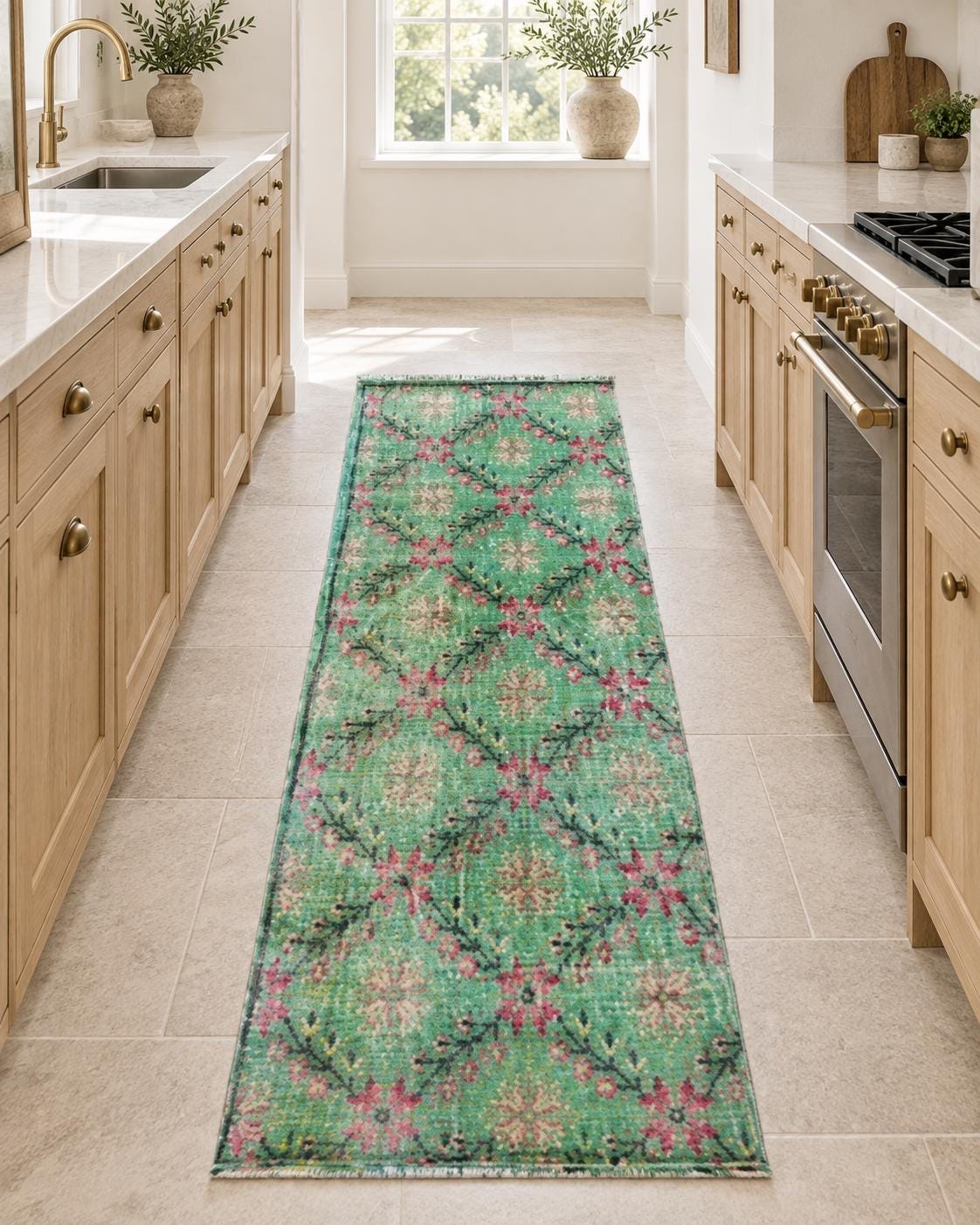 Vintage Turkish Runner Rug, 2x5.1 ft, Green and Pink, Diamond Trellis Pattern