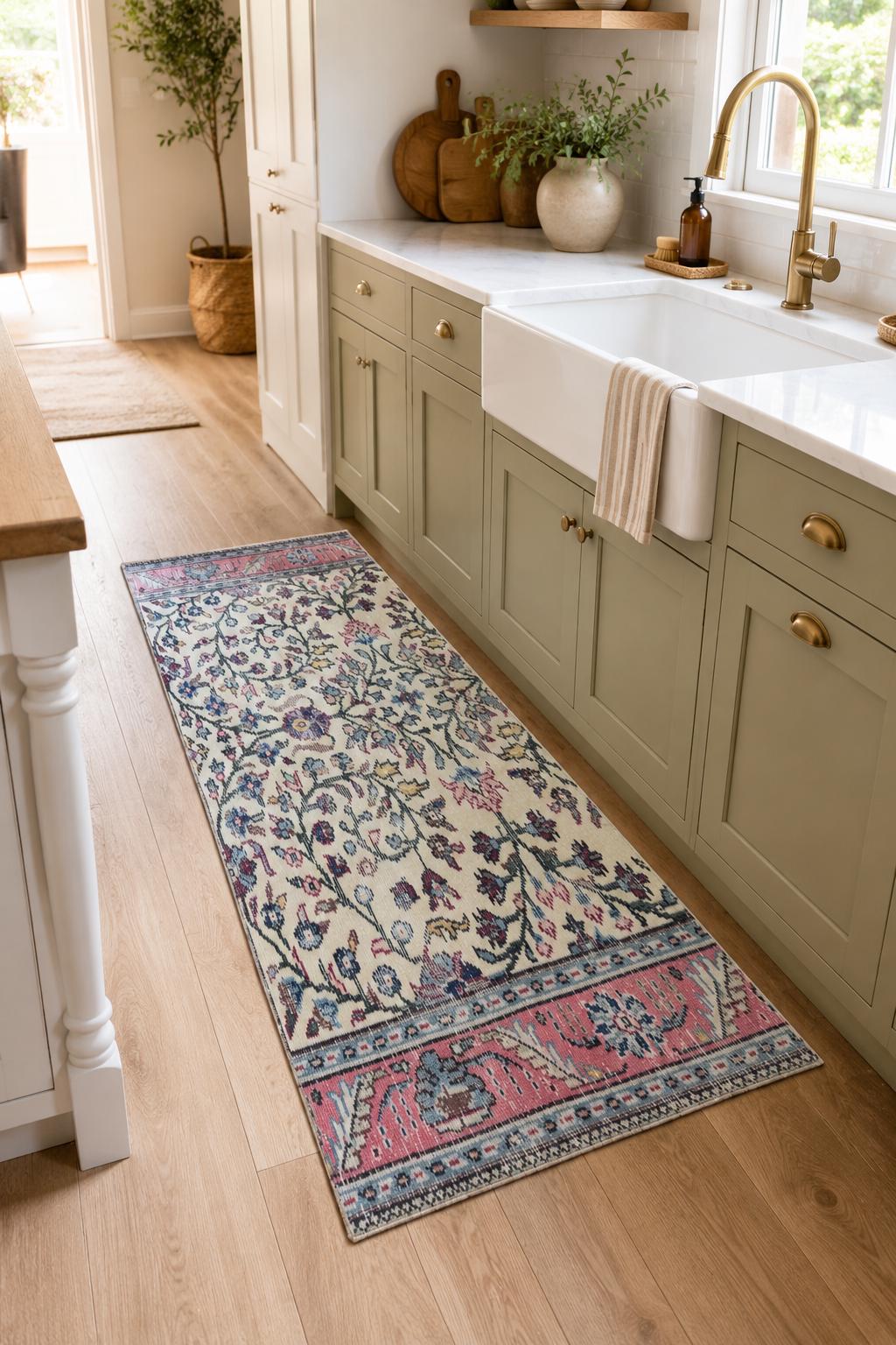 Vintage Turkish Isparta Runner Rug, Hand-Knotted Wool Floral, Faded Ivory Pink, 70x173 cm – view 2