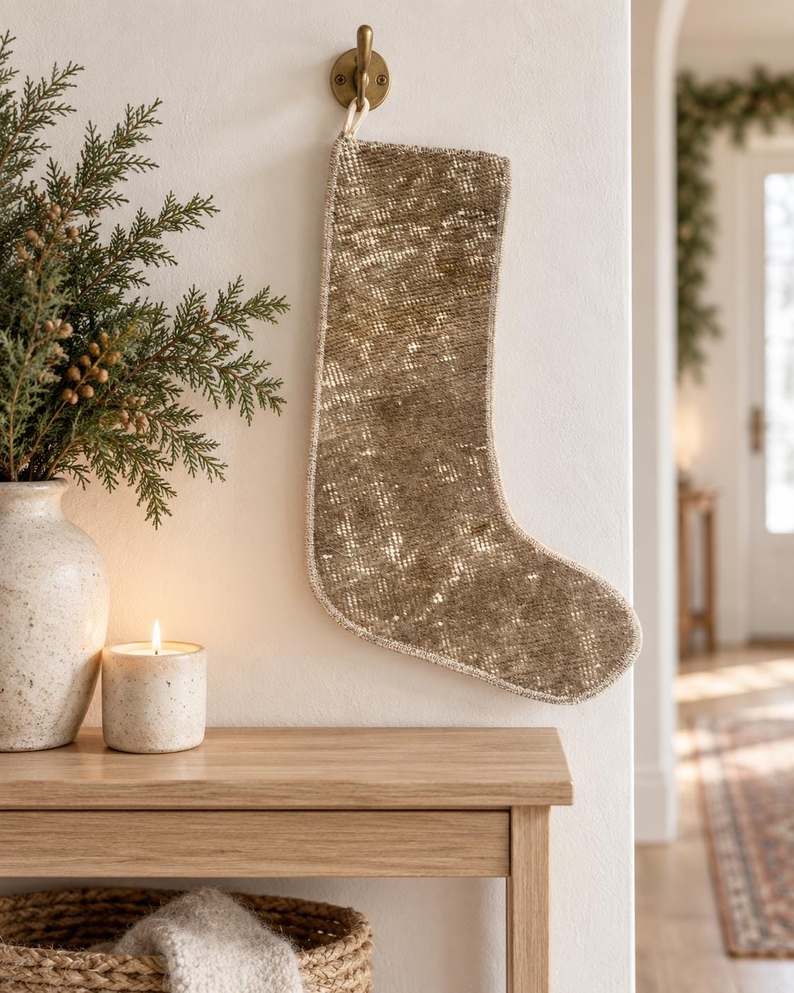 Vintage Turkish Wool Christmas Stocking, Olive Green Diamond Pattern, Handmade Boho Holiday Decor,