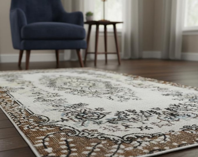 108x216.5 cm Brown Beige Black Wool Rug | Grape & Floral Motif Turkish Handwoven Rug