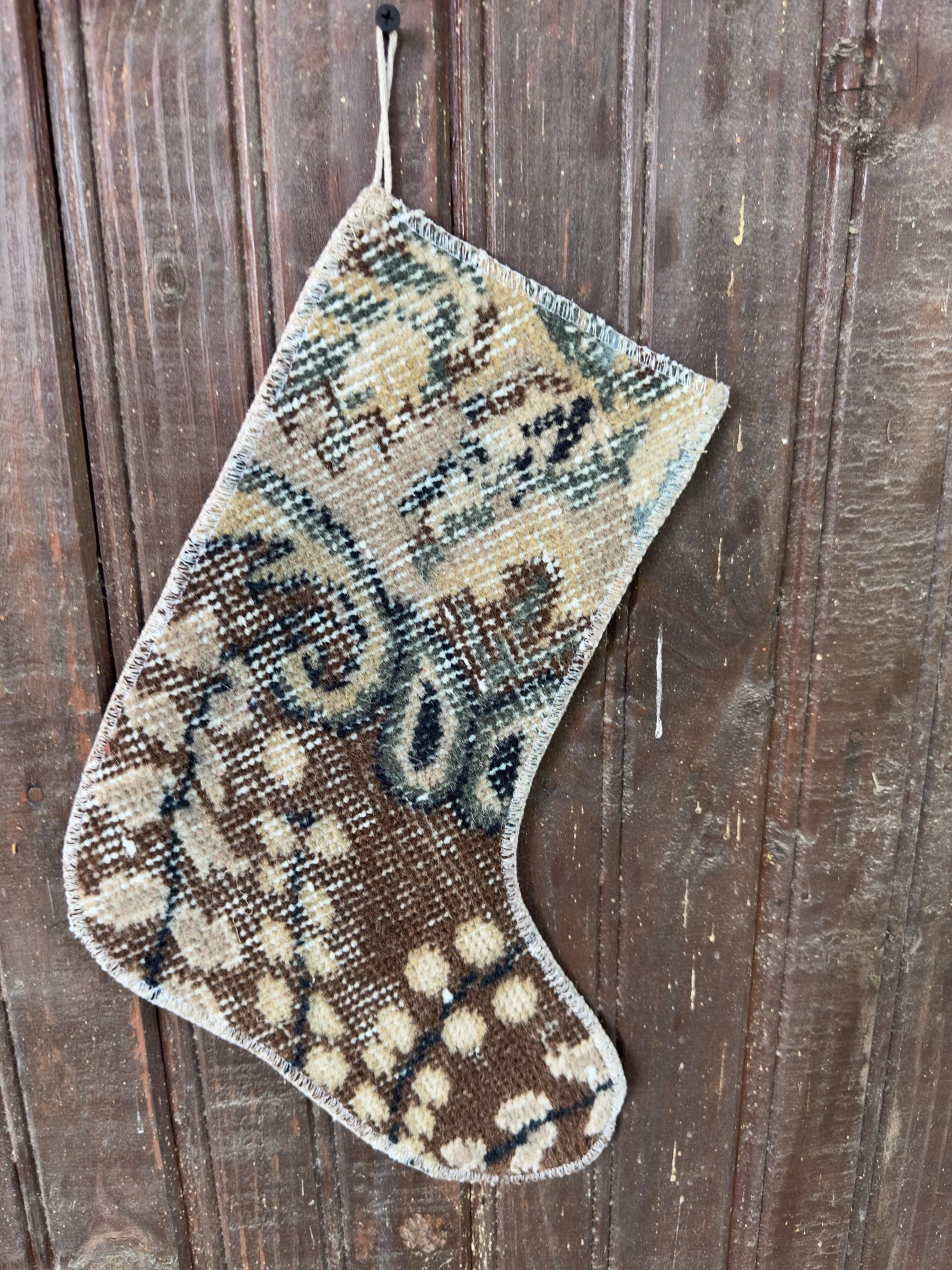 Christmas Stocking, Vintage Turkish Rug, Scroll Pattern Brown Cream Sage Navy, 13 in in cream, brown, navy, sage, left-side pattern detail