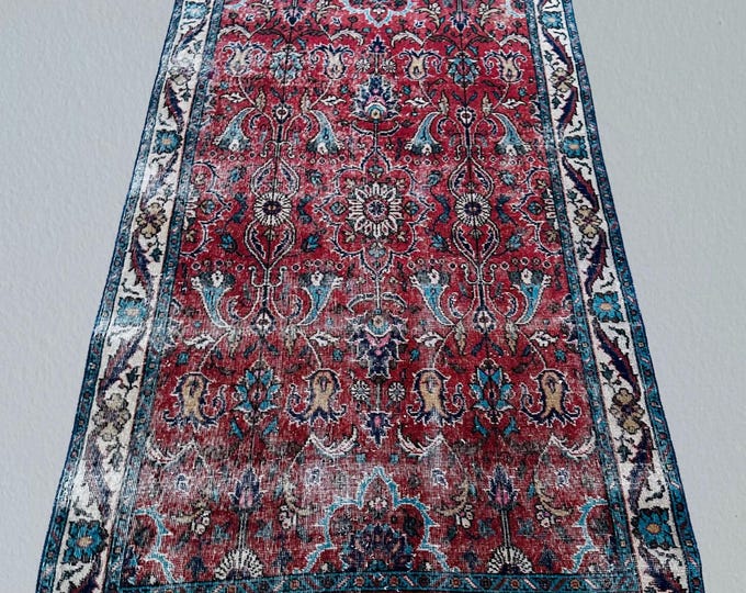 Vintage Turkish Wool Rug: Red Blue Oushak Area Rug (4x8)