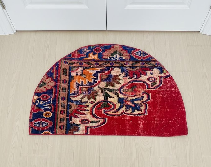 53x86 cm (1.7x2.8 ft) Red Navy Orange Semicircle Rug – Turkish Handwoven Vintage Half Moon Wool Mat, Upcycled Boho Decor