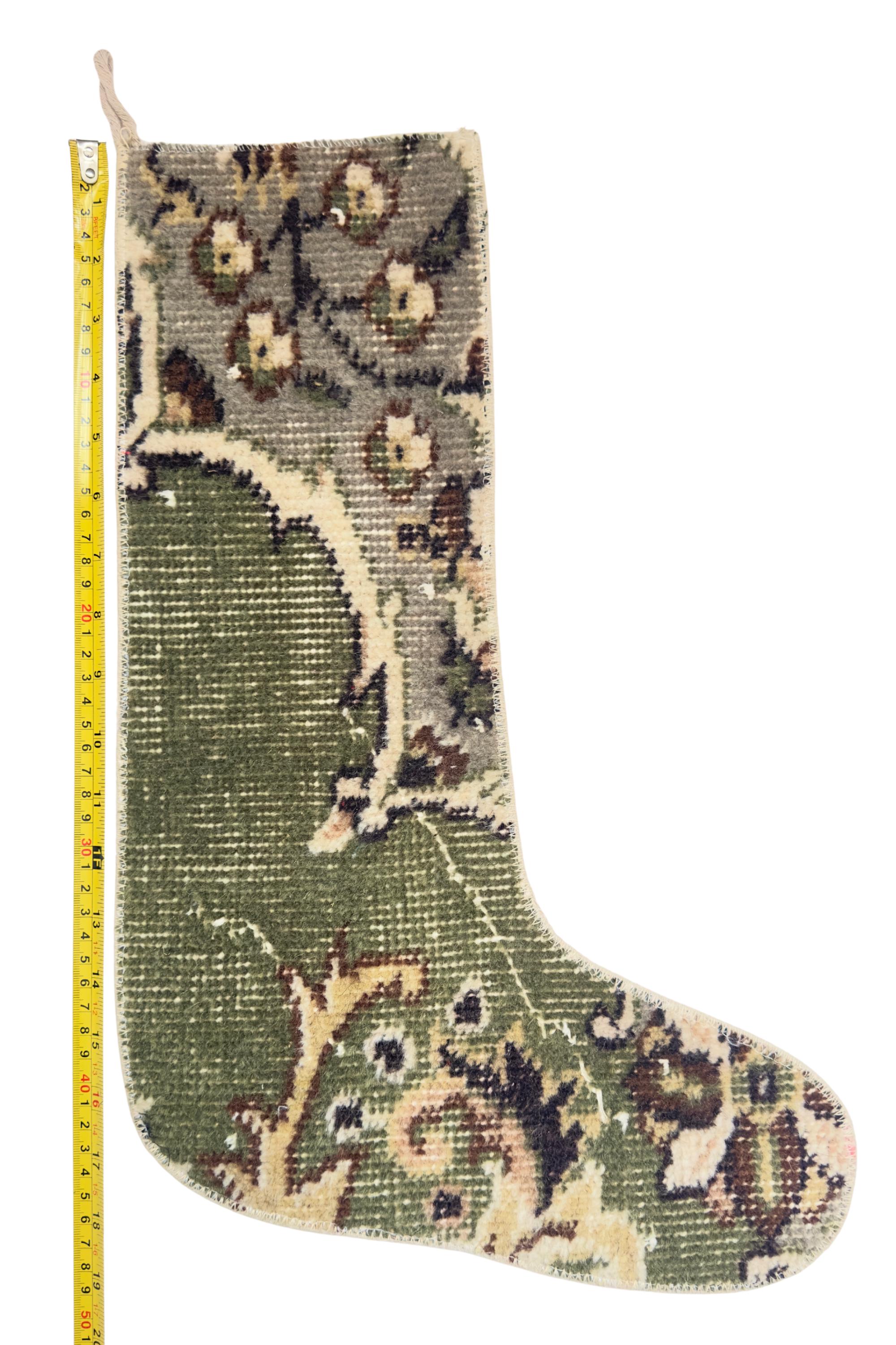 Turkish Rug Christmas Stocking, Handmade Vintage Anatolian Wool, Sage Green, Boho Rustic Fireplace Decor – view 5