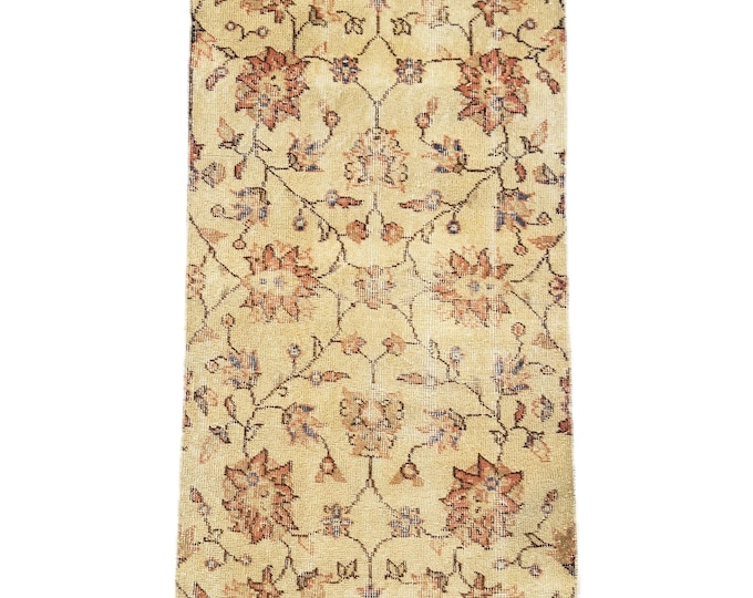 Vintage Turkish Runner Rug Neutral Wool Floral Hallway Kitchen Rug 2.1x4.9 ft